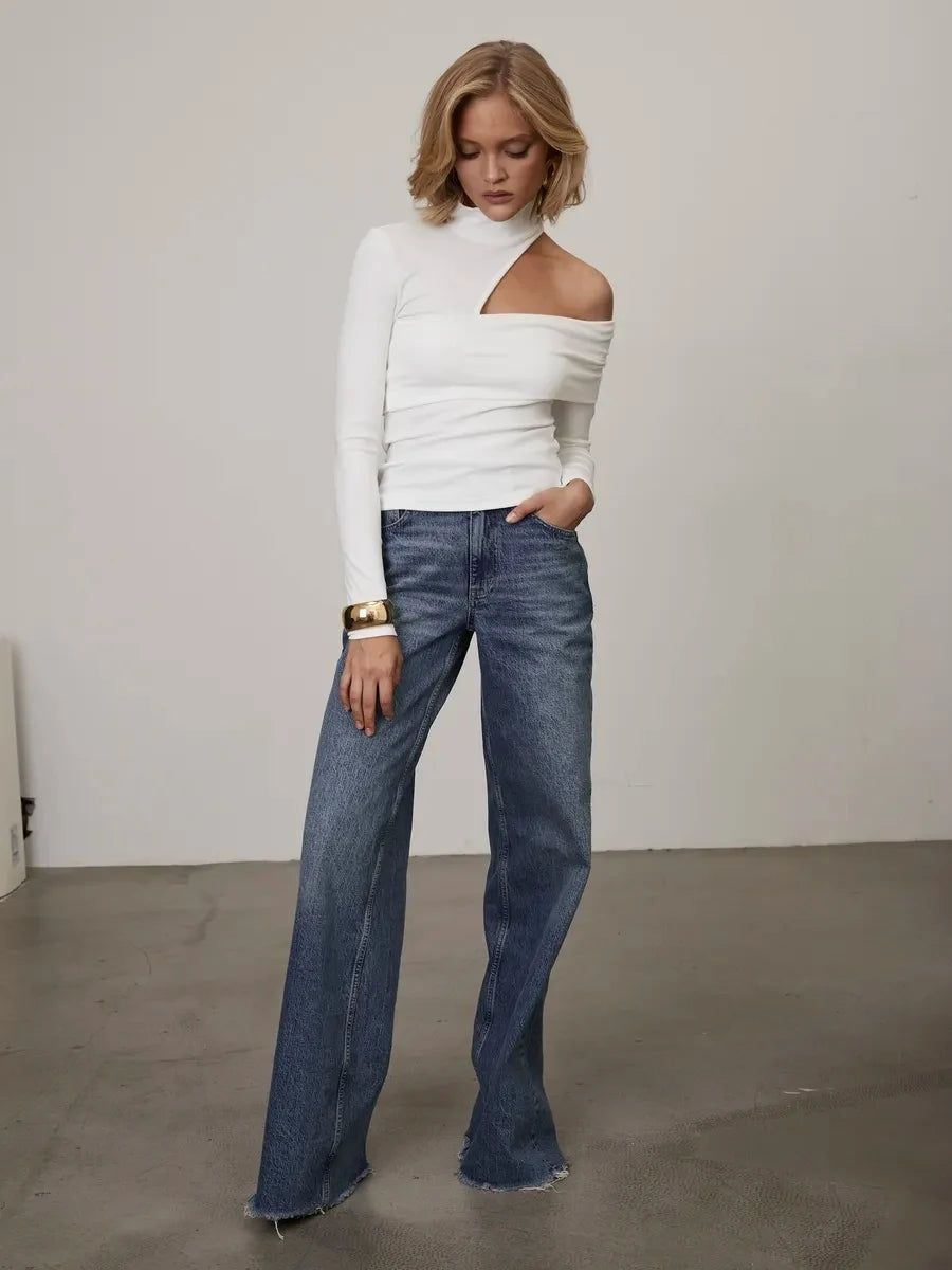 Women's Y2k Sexy One Shoulder Long Sleeve Turtleneck Top Shirt Women's Night Club Trendy One Shoulder Shirt Top Blouse.