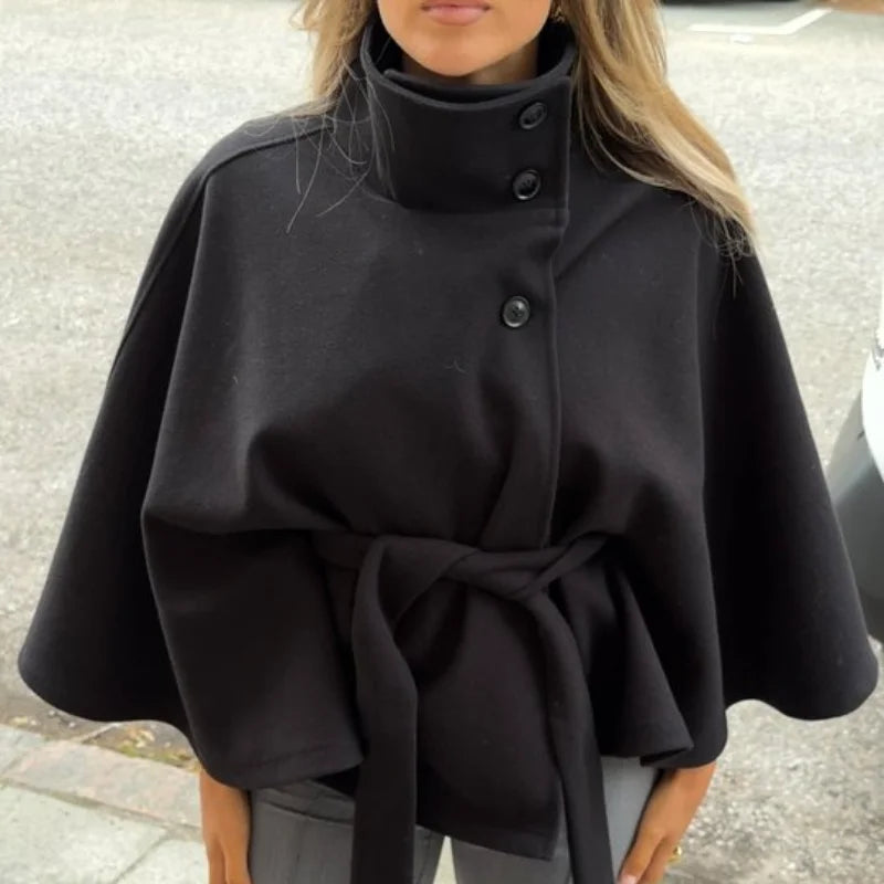 Straße Batwing Hülse Cape Gürtel Mäntel Frauen Lose Solide Stehkragen Einreiher Jacke 2025, Herbst Dame Alle-spiel chic Mantel