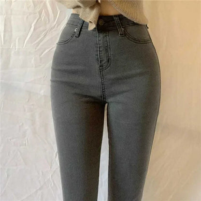 High Waist plus Size Denim Jeans Women's Fitting Pencil Pants Elastic Casual Long Trousers Light Blue Spring Autumn Wear.