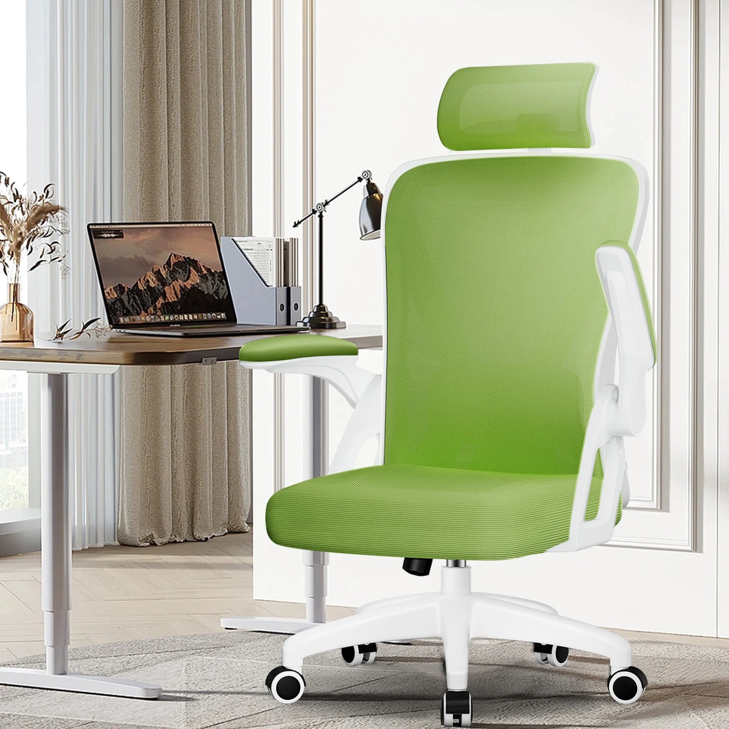 AUTHMIC Ergonomischer Bürostuhl (grün), verstellbare Kopfstütze, Lordosenstütze, drehbarer Schreibtischstuhl mit klappbaren Armlehnen