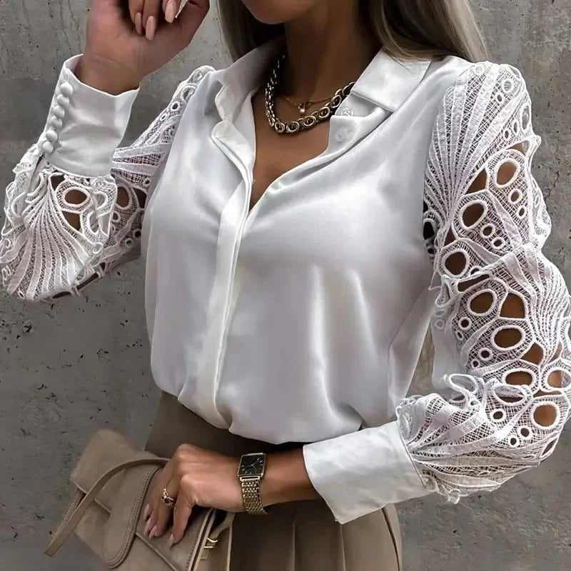 White Sexy Lace Hollow out Women Blouse Autumn Spring Black Top Vintage Button Up Shirts Long Sleeve Tops.