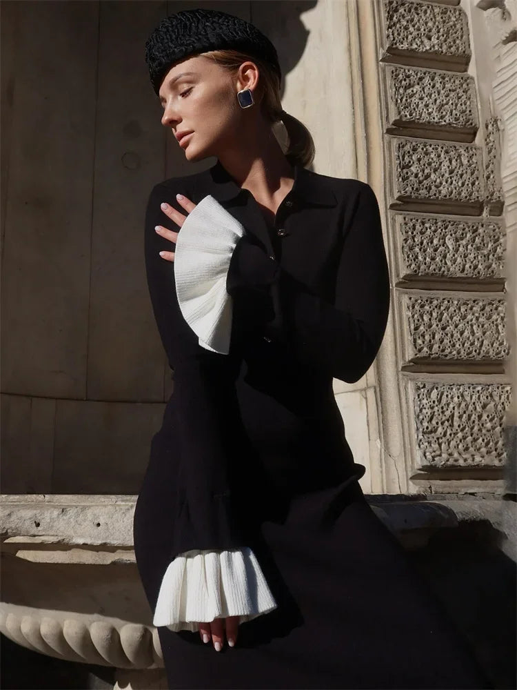 Tossy Weibliche Rüschen Strickwaren Langes Kleid Mode Patchwork Schlank Kontrast Revers Casual Party Kleid Kleid frauen Stricken Maxi Kleid.