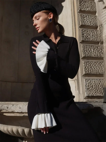 Tossy Weibliche Rüschen Strickwaren Langes Kleid Mode Patchwork Schlank Kontrast Revers Casual Party Kleid Kleid frauen Stricken Maxi Kleid.