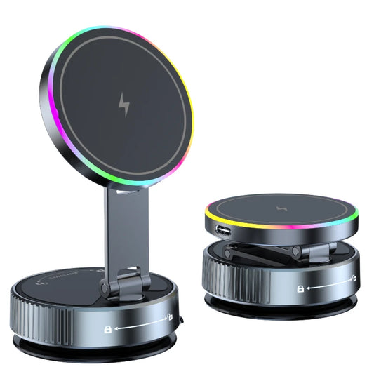 2025 New K3 Wireless Charger Car Phone Holder Colorful Light Vacuum Suction Cup Charging Can 360° Rotate Foldable Phone Holder.