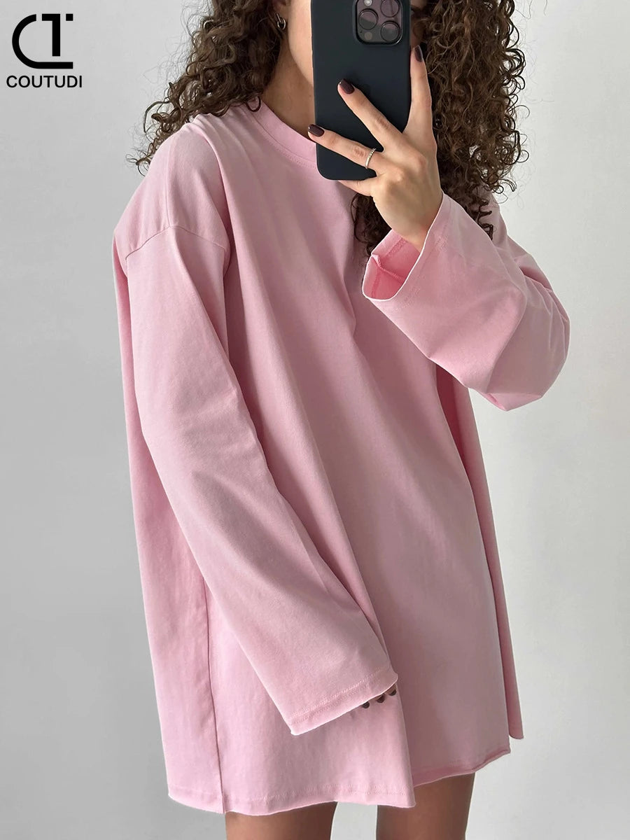 COUTUDI-Oversized T-Shirt for Women, Loose Pullover,Long Sleeve, Casual 100% Cotton Tee Shirt, Lady Tops, Korean Streetwears.