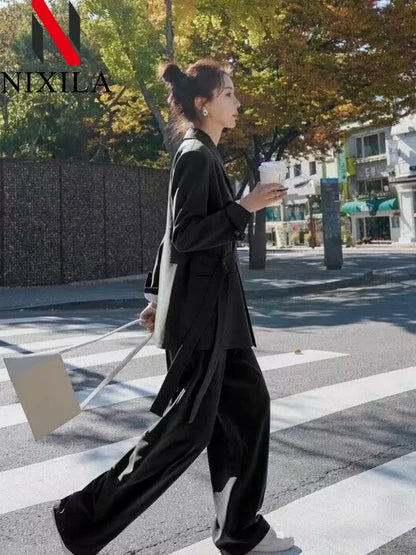Women's Fashion Office Suit Set Casual Oversized Blazer And Wide Leg Pants Two-Piece Long Sleeve Top Bottoms Combo.