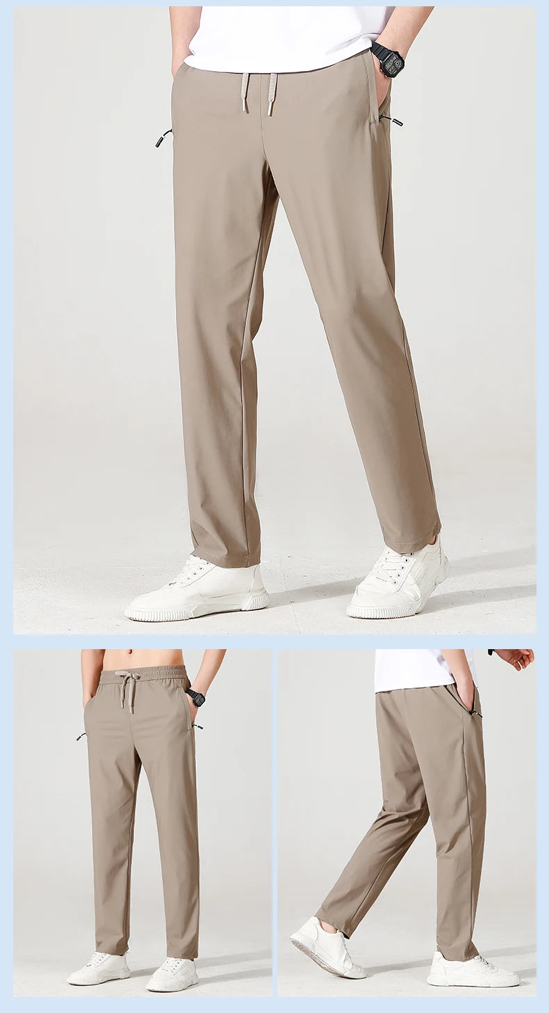 Ice Silk Men's trousers 2024 summer black-and-gray thin style business casual pants outdoor stretch breathable straight leg loos.