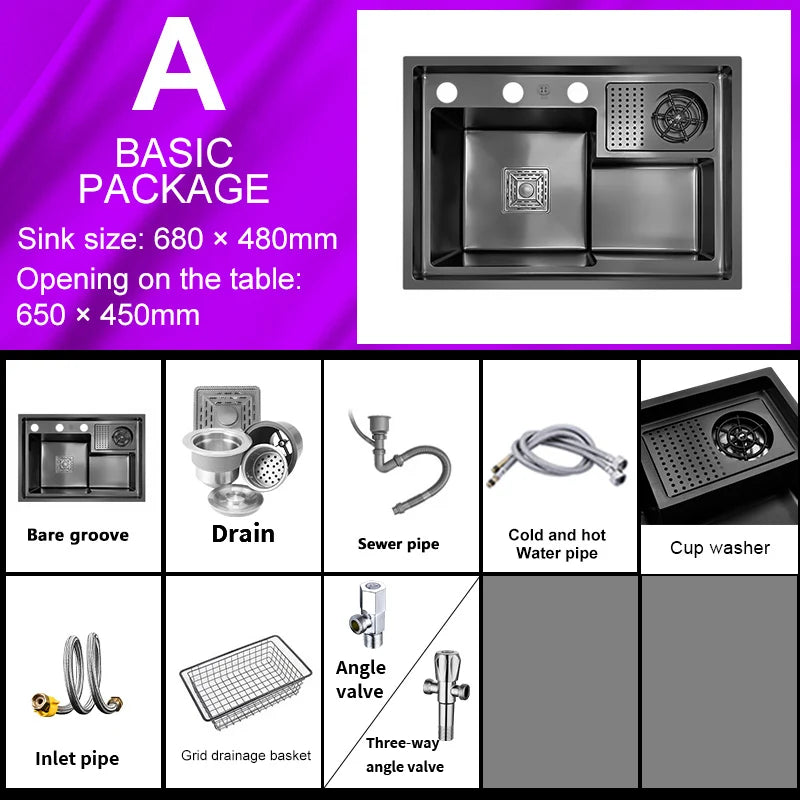 Stainless Steel Kitchen Sink Stepped Large Single Slot Wash Dish Vegetables Basin Multifunctional With Cup Washer Knife Holder