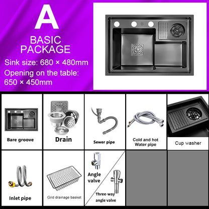 Stainless Steel Kitchen Sink Stepped Large Single Slot Wash Dish Vegetables Basin Multifunctional With Cup Washer Knife Holder