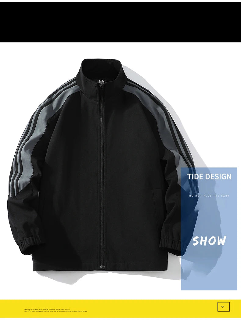 Sports suit men's  spring and autumn striped stand up collar jacket and pants paired with running and fitness two-piece set.