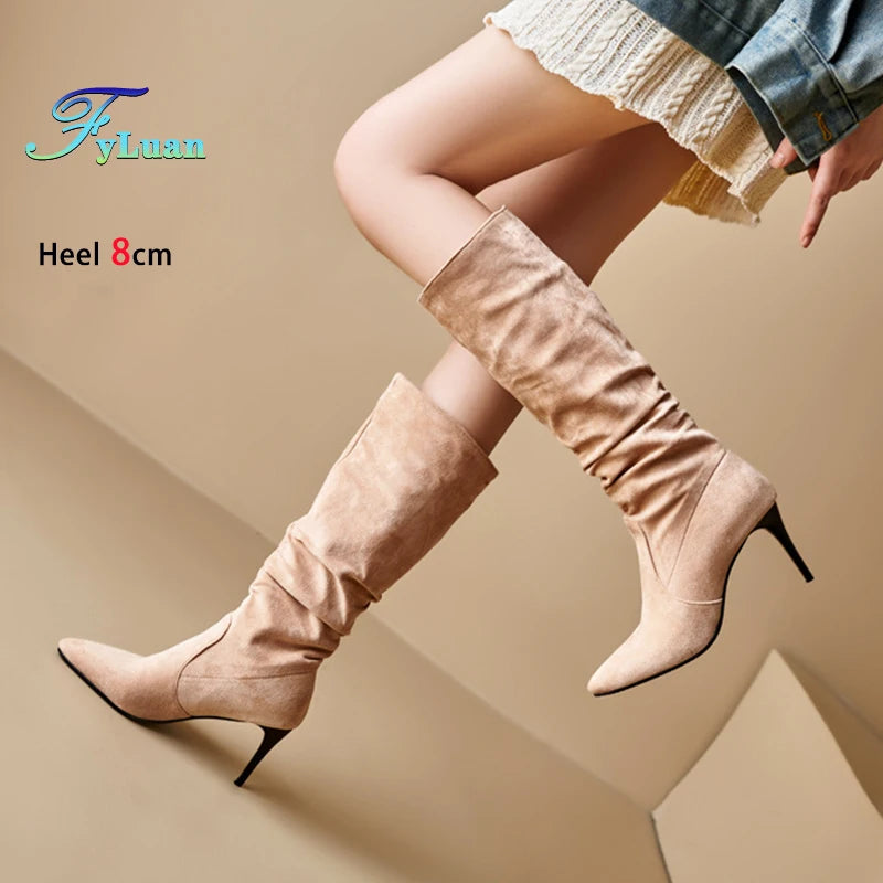 Street Style Pointy Toe Long Boots Women Stiletto Heels 8CM High Heel Winter Sexy Woman Shoes Female Suede High Boots Size 35-46.