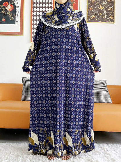2023 Muslim Solid Cotton Abaya For Women Ramadan Prayer Garment Joint Hat Dubai Turkey Middle East Femme Robe Floral Loose Dress.