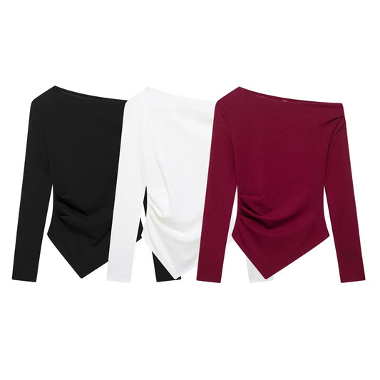 Women's Asymmetric Elastic Top Solid Color Long Sleeve Slant Neck Decoration Spring New Casual Women's Top.