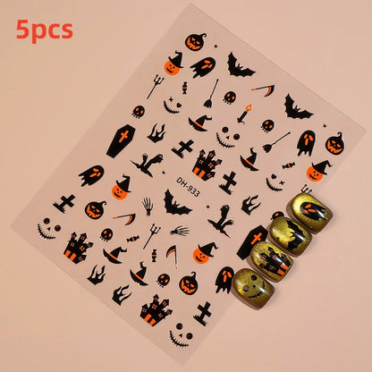 1/5pcs Demon Pumpkin Bat Skull Nail Art Stickers Halloween Dark Style Nail Stickers DIY Self Adhesive Manicure Decoration Decals.