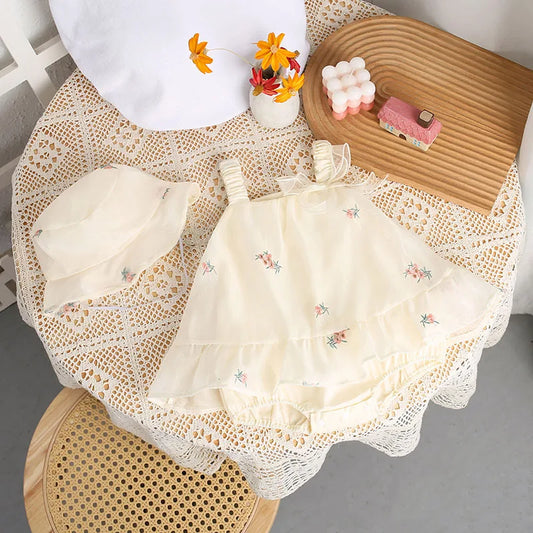 2024 Baby Mädchen Sommer Kleidung Schöne Blumen Hosenträger Body mit Hut Neugeborenen Prinzessin Kleid Infant Outdoor Ein Stück.