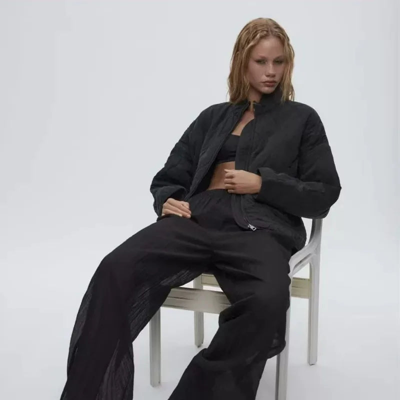 ZW Women's Cotton Jacket  2025 New Arrival Vintage Lenzing Rayon High Collar Large Pocket Decorative Quilted Coat for Women.