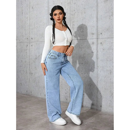 Fashionable Loose Women's Jeans High Waist Straight Leg Summer New Style Printed Trendy Cross-Border Denim Pants.
