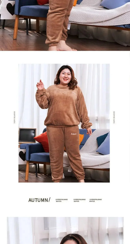Winter Pajamas Coral Fleece Warm Pajamas Set Thick Long Sleeve Large Size 85kg Outside Pajamas Elastic Waist Trousers Pajama Set.