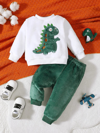 Baby Boy Autumn And Winter Cartoon Dinosaur Embroidery Hoodie Plush Two-piece Set.