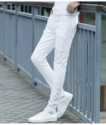Pure White Jeans Men's Elastic Korean Style Slim Fit Youth Slimming Straight Leg Business Casual Middle Age High End Pants.