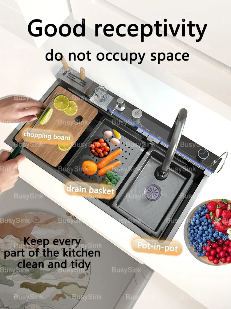 Stainless Steel Kitchen Sink Waterfall Wash Vegetables Basin Intelligent Digital Display Faucet Dish Wash Bowl Large Single Slot