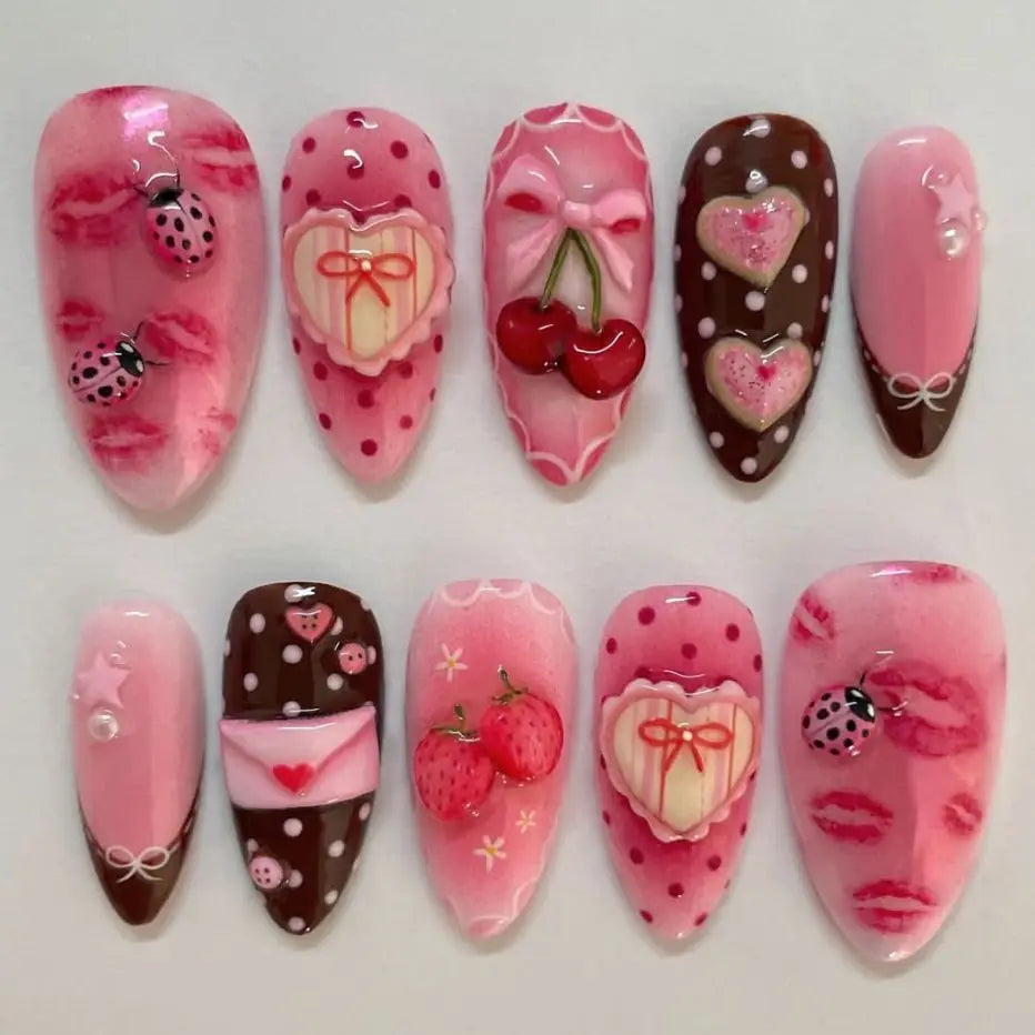 24pcs Flower Print Press on Nails Wine Red Blush Almond False Nail Tips Wearable Reusable Summer Spicy Girl Fake Nails.