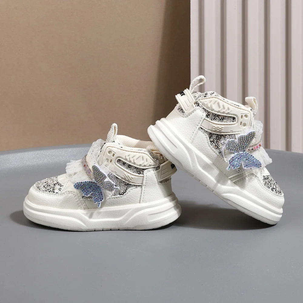 2025 New Autumn Children Shoes Leather Toddler Kids Sport Shoes Bling Bling Cute Butterfly Soft Sole Fashion Girls Sneakers.