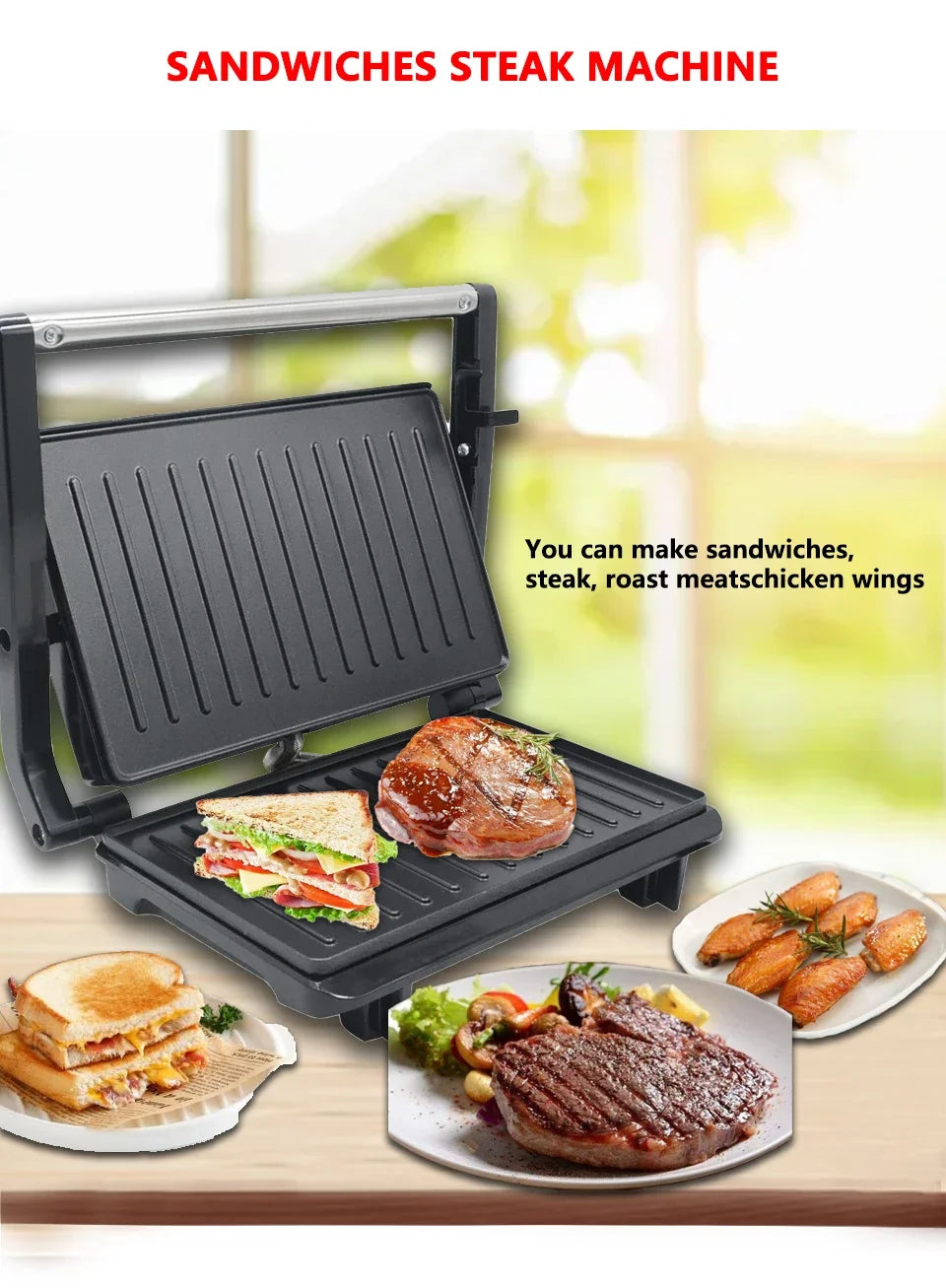 XEOLEO Electric Steak Machine 750W Panini Sandwich Maker Multifunctional Breakfast Maker Mini Barbecue Sausage Steak Gril Machin.