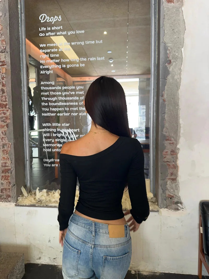 Women One Shoulder Long Sleeve Fitted Top.