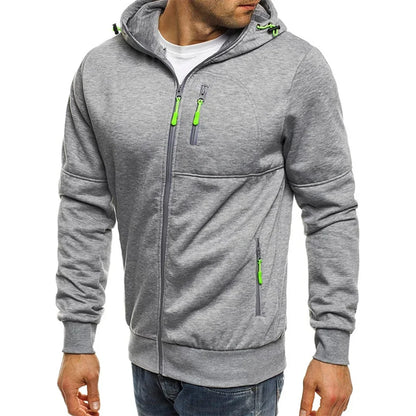 Men's hooded zipper jacket with pockets, custom logo image text, casual sports streetwear, men's cardigan wool sweater, fashion.