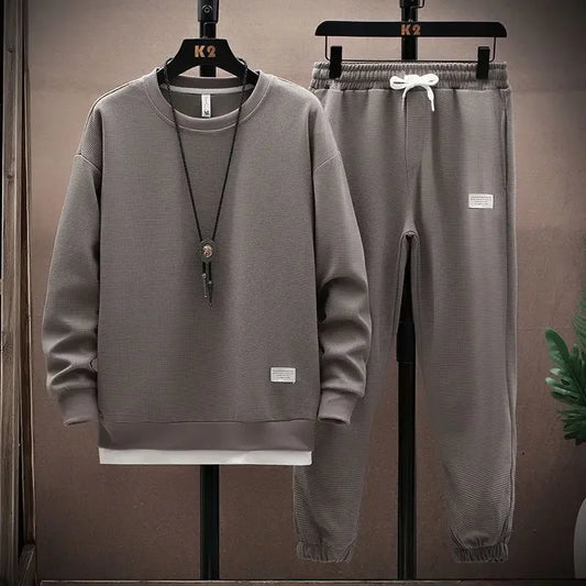 New Autumn Men's Fashion Sportswear Set Long Sleeve T-Shirt And Long Pants Casual Trendy Marbled Pattern Clothing Ensemble.