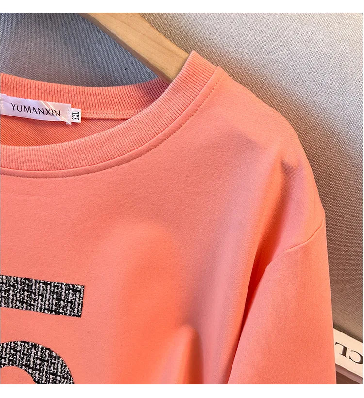 175kg plus size Damen büste Frühling Herbst loser Rundhals ausschnitt bedrucktes Langarm-Sweatshirt schwarz orange 5xl 6xl 7xl 8xl 9xl.