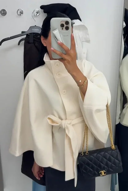 Damen-Jacke aus Wolle mit weißem Bund, elegant, langärmelig, Stehkragen, einreihig, Oberbekleidung, 2025, neuer Straßen-Outdoor-Mantel.