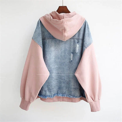Fake Two-piece Denim Hoodies Coat Women Spring Autumn Trend Cardigan Hoodie Casual Loose Hooded Baseball Jacket Streetwear Woman.