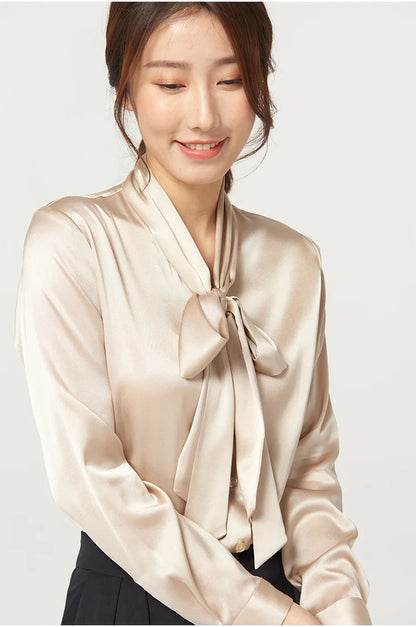 Heavyweight Mulberry Silk Shirt Women's 2025 Spring And Autumn New Long Sleeve Satin Silk Blouse V-neck Bow Ribbon Shirt