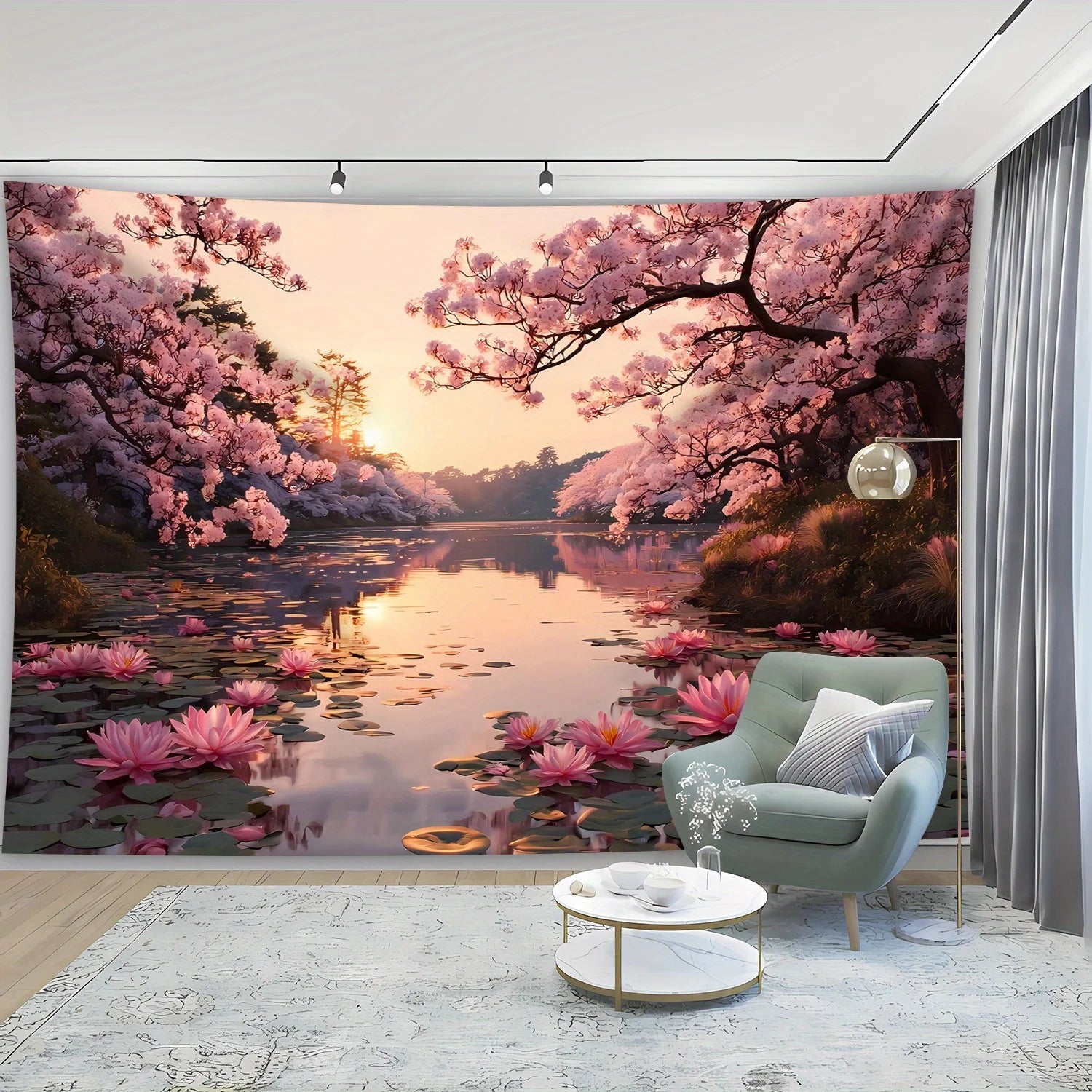 [Beautiful Landscape Tapestry] Extra Large Size - Beautiful Lotus and Cherry Blossom Lake Landscape Photo Tapestry | Polyester A.