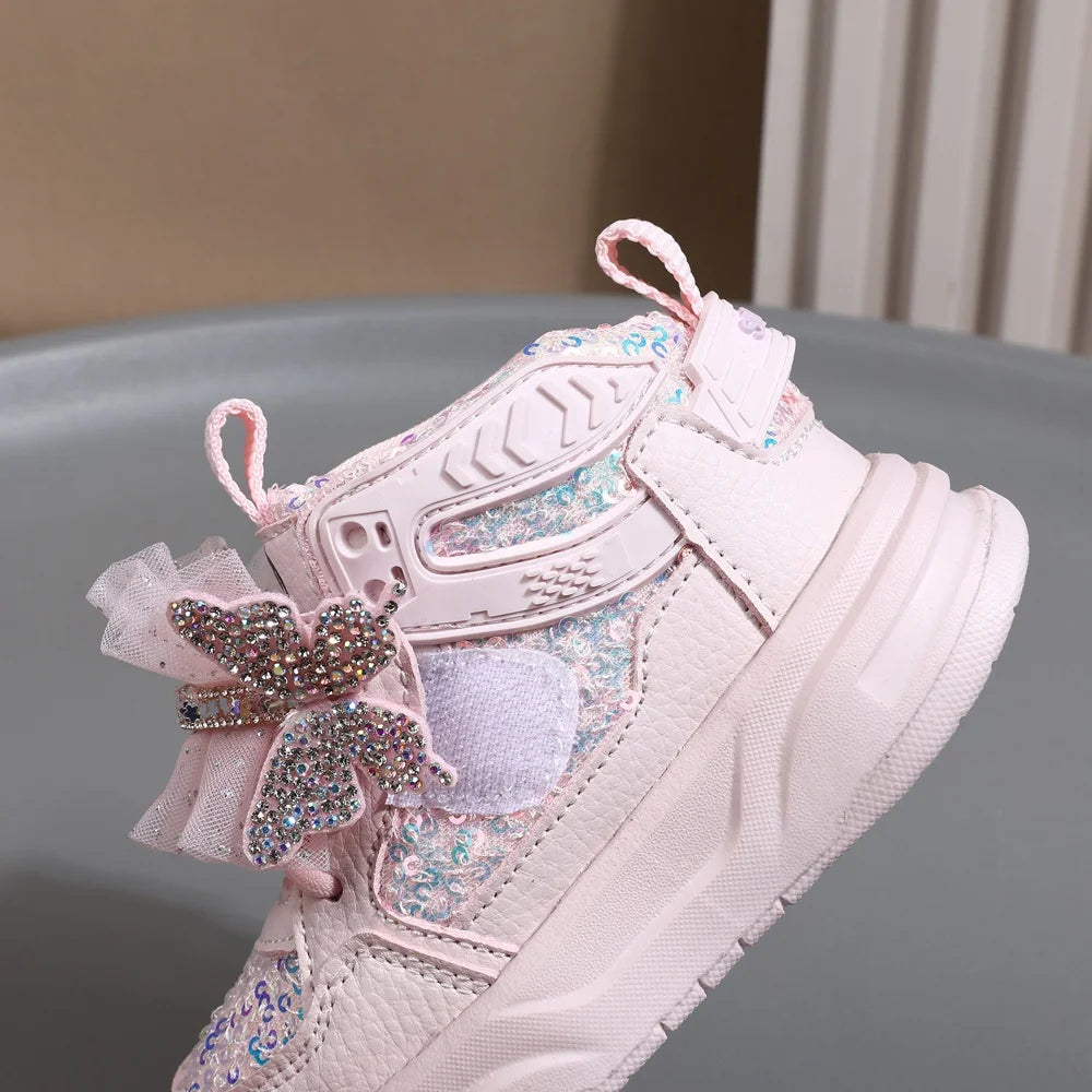2025 New Autumn Children Shoes Leather Toddler Kids Sport Shoes Bling Bling Cute Butterfly Soft Sole Fashion Girls Sneakers.