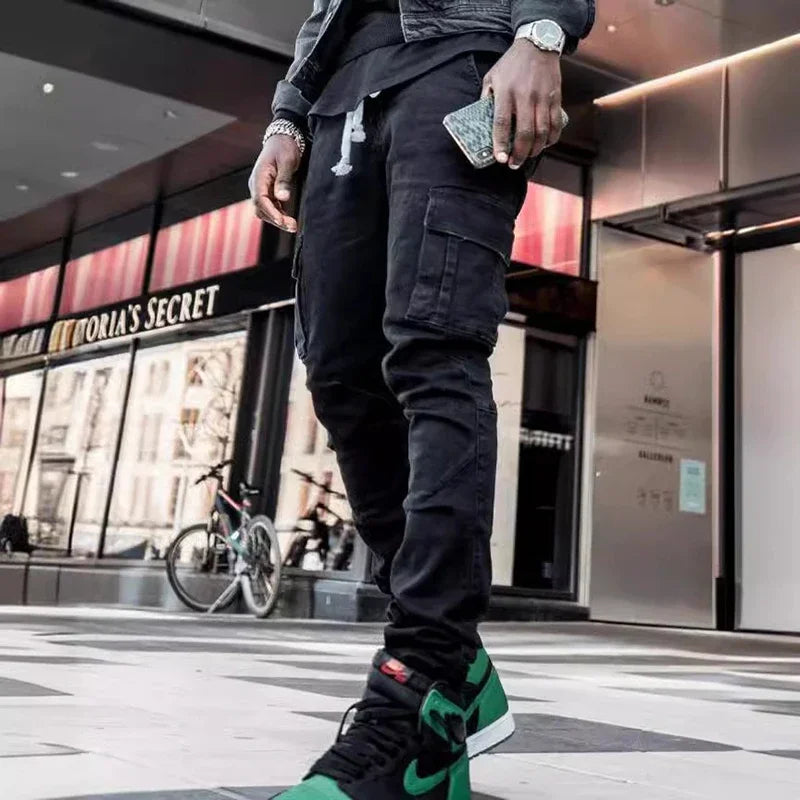 Männer Straße elastische Jeans Jeans waschen einfarbige Multi-Taschen Cargo hose lässig Slim Fit täglich tragen Jogger mittlere Taille Hose.