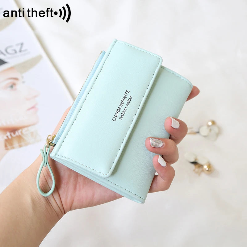 RFID Anti-Theft Short Card Bag for Women, Brush, PU, Solid Color, Zipper Buckle, Multi-functional Fashion, Small Purse.
