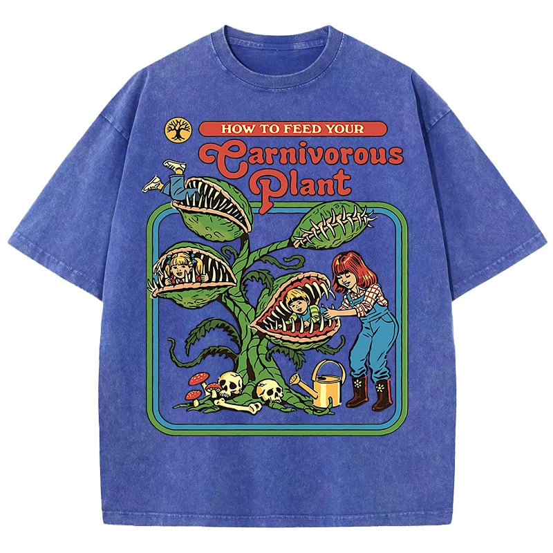 Earnivorous Plant Pattern Washed T-Shirts Men Breathable Cotton Casual T Shirt Soft Summer Comfortable Crewneck Short Sleeve.