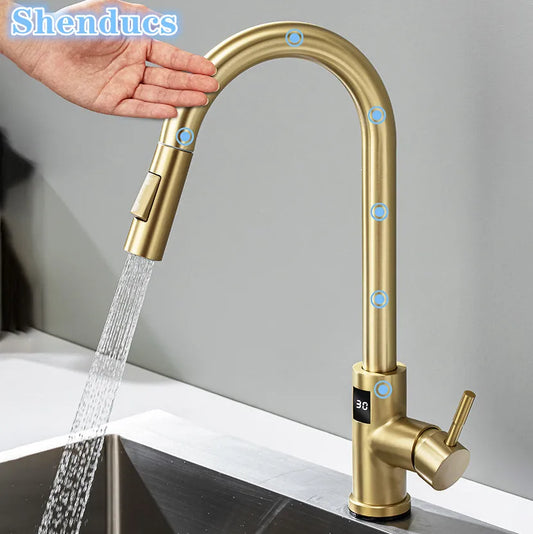 Brushed Gold Digital Kitchen Faucet Shenducs 304 Stainless Steel Hot Cold Kitchen Sink Mixer Tap Sensor Touch on Kitchen Faucet