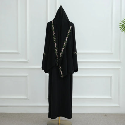 Front Open Abaya with Hijab 2 Piece Set Muslim Embroidery Abayas for Women Dubai Modest Islamic Clothing Kaftan Turkish Dresses