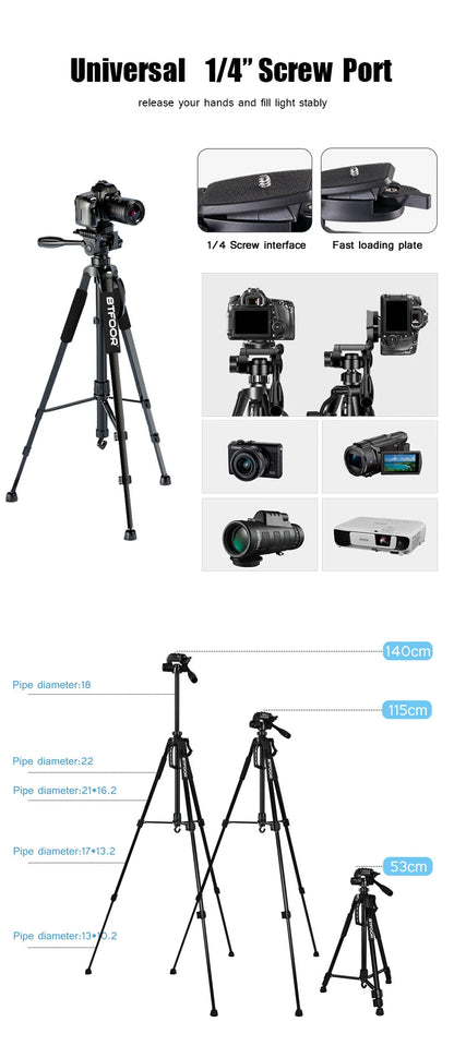 Phone Travel Self Tripod  Aluminum Tall 55” 140CM Stand With Quick Plates Mount Pan Head For Canon Nikon DSLR SLR Digital Camera.