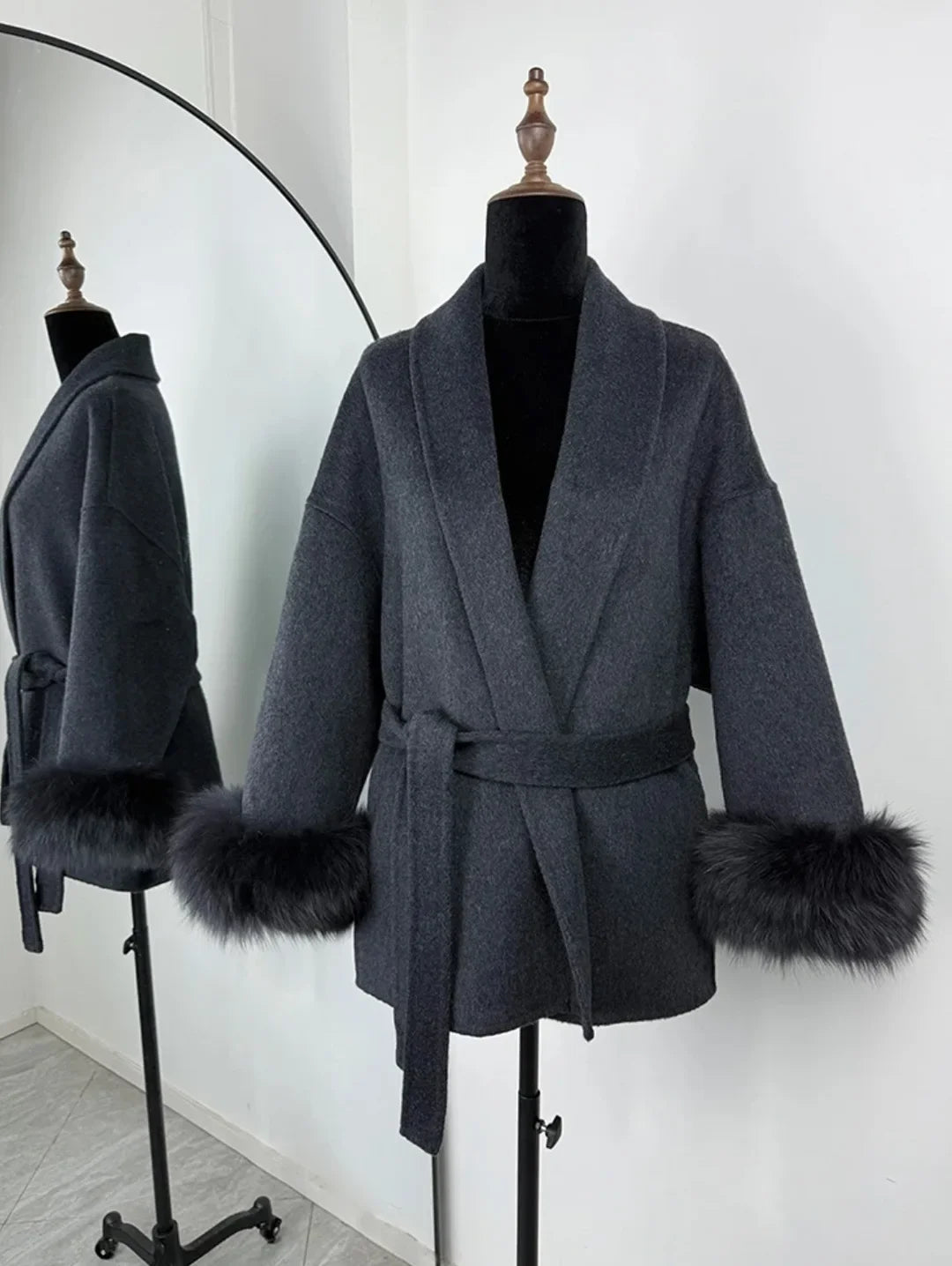 2025 Chic Lapel Plush Coat With Belt Women Vintage Faux Fur Sleeve Tweed Open Coats Female Autumn Winter Casual Street Outwear