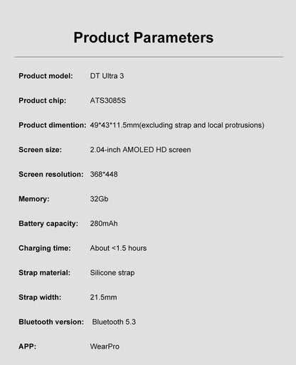 DT Ultra 3 Smartwatch Amoled Screen 4GB MP3 MP4 Player Bluetooth Network Sharing APP Store ChatGPT Smart AI Watch Men Sportwatch