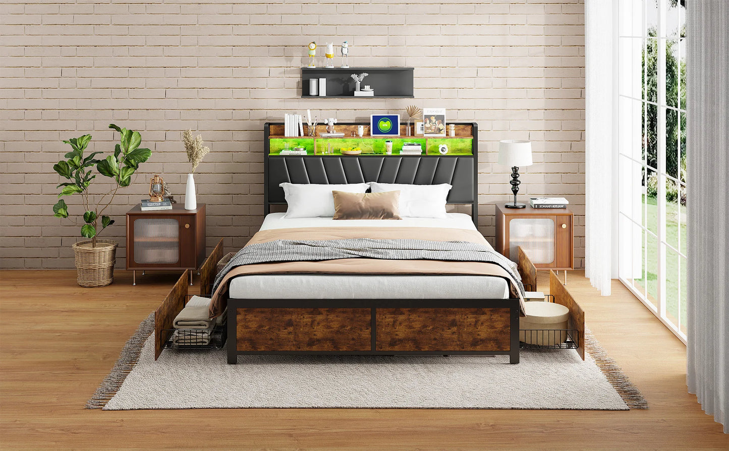 Lazyspace Metall-Doppelbett 160 x 200 cm mit 4 Schubladen, Bettrahmen mit USB-Ladeanschluss und LED-Kopfteil, schwarz, ohne Matratze