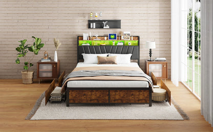 Lazyspace Metall-Doppelbett 160 x 200 cm mit 4 Schubladen, Bettrahmen mit USB-Ladeanschluss und LED-Kopfteil, schwarz, ohne Matratze