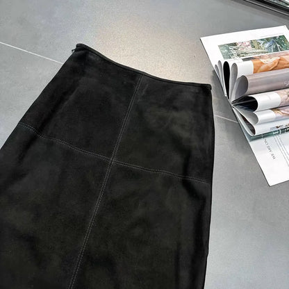 Retro High Grade Suede Real Leather Long Skirt 80cm For Women Upgraded Imported  Jupe Back Split Waist Loop Faldas Ankle-Length.