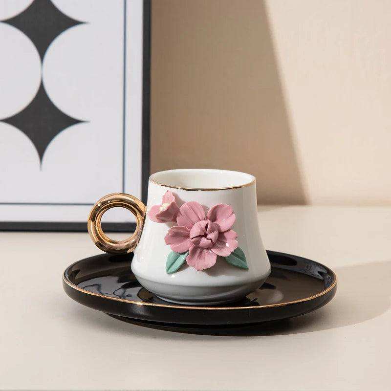 120ml Ceramic Coffee Cup Saucer Set Hand Pinched Flowers with Hand and Dish Milk Tea Porcelain Drinkware Tableware Gift.