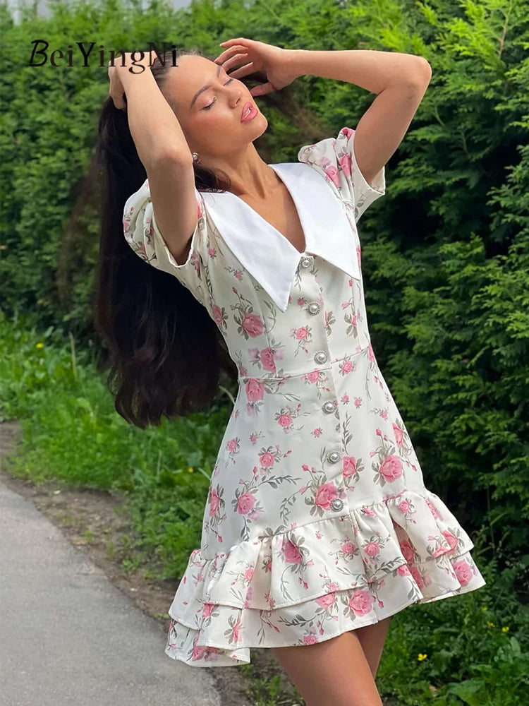 Beiyingni Neue In frauen Kleid Elegante Französisch Mode Schlank Kurzarm Mini Kleider Weibliche Rüschen Tasten V-ausschnitt Kurze Vestido